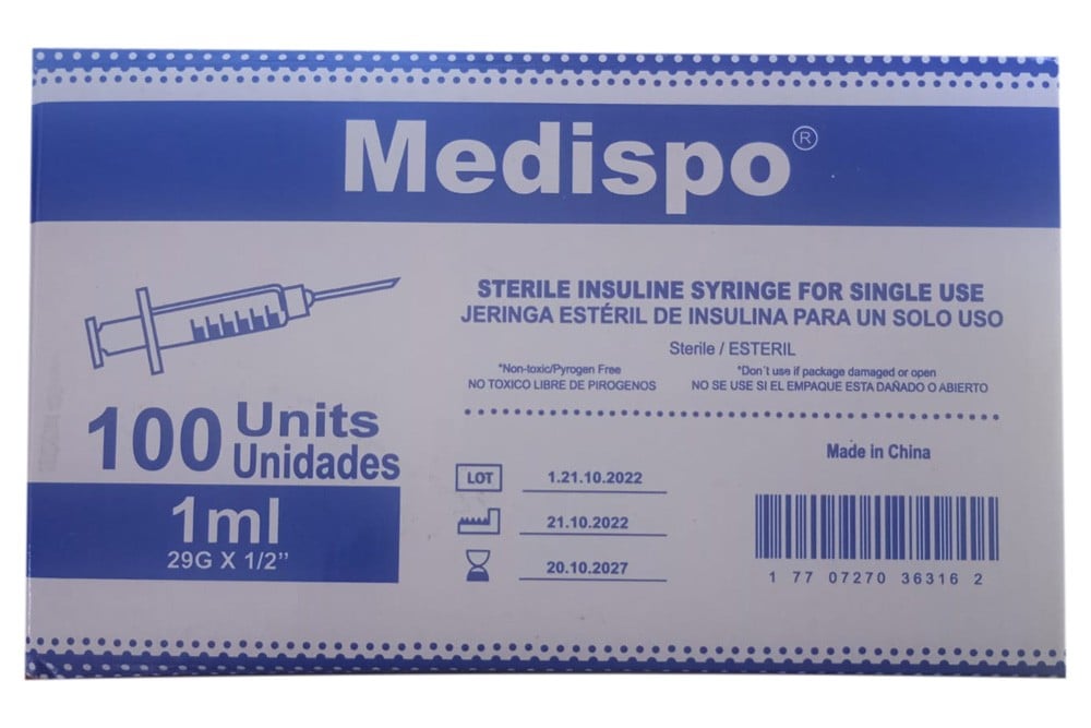 Jeringa Estéril De Insulina 1Ml 29G x 1/2 Un Solo Uso 100 Unds